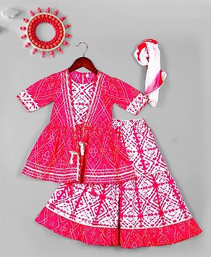 Naughty Ninos  Pure Cotton Three Fourth Sleeves Bandhani Printed  Kurta With Sharara  Dupatta Set - Fuschia Pink