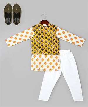 Naughty Ninos  Pure Cotton Full Sleeves Abstract   Printed Kurta &  Pyjamas With Nehru Jacket  - Yellow