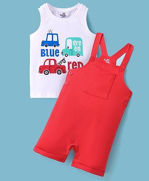 Doodle Poodle Cotton Knit Sleeveless Car Printed T-Shirt with Solid Colour Dungaree - White & Red