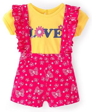 Doodle Poodle 100% Cotton Knit Half Sleeves T-Shirt & Dungaree Set Butterfly & Text Print - Yellow & Pink