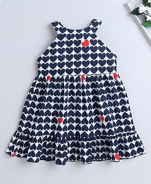 The Magic Wand Cotton Halter Neck Heart Printed Tiered  Dress - Navy Blue