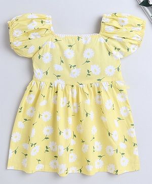 The Magic Wand Cotton Balloon Sleeves  Floral Printed Flared Dress -  Yellow