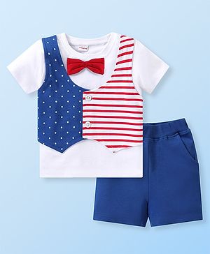 Babyhug Single Jersey Knit Half Sleeves T-Shirt with Bow Detailing & Attached Waist Coat with Shorts Set Striped & Star Print - Multicolour