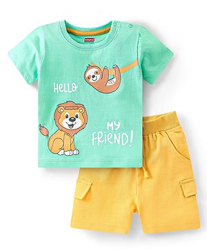 Babyhug Cotton Knit Half Sleeves Lion Printed T-Shirt & Shorts Set - Green & Yellow