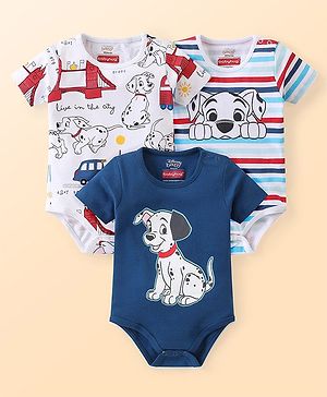 Babyhug Disney Cotton Knit Half Sleeves 101 Dalmatians Graphics Onesies Pack of 3 - Blue White & Red