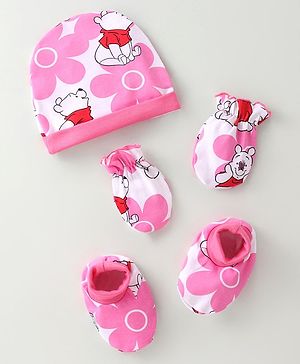 Babyhug Disney Cap Mitten & Booties With Winnie the Pooh Graphics - White
