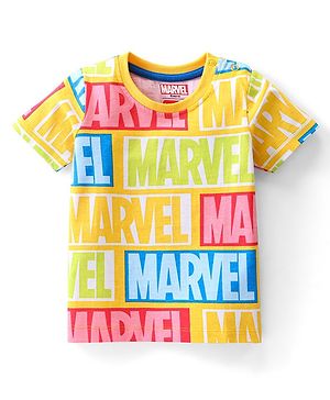 Babyhug Marvel 100% Cotton Knit Half Sleeves T-Shirt with Marvel Text Print - Yellow