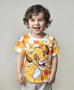 Babyhug Disney Cotton Knit Half Sleeves Checked T-Shirt with Lion King Graphics - White & Yellow