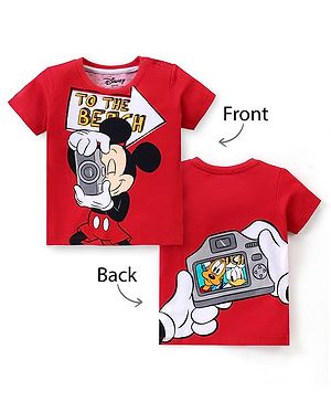 Babyhug Disney Cotton Half Sleeves T-Shirt With Front and Back Mickey Mouse Graphics - Red