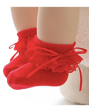 Flaunt Chic Lace Bow & Frill Detailed Ankle Socks  - Red