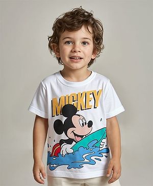 Babyhug Disney 100% Cotton Knit Half Sleeves T-Shirt with Mickey Mouse Graphics - White