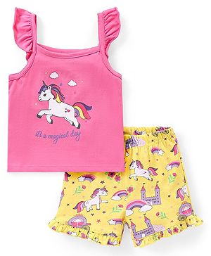 Babyhug Cotton Knit Frill Sleeves Unicorn Printed Night Suit - Pink & Yellow
