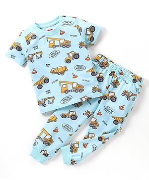 Babyhug Cotton Knit Half Sleeves Vehicles Printed Night Suit - Blue