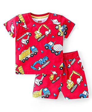 Babyhug Single Jersey Knit Half Sleeves T-Shirt & Shorts Set Construction Vehicle Print - Red