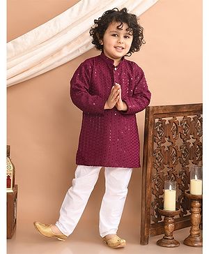 Superminis Full Sleeves Sequin Embellished Kurta With Pyjama - Wine
