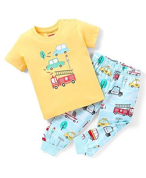 Babyhug Cotton Knit Half Sleeves Vehicles Printed Night Suit - Blue & Yellow