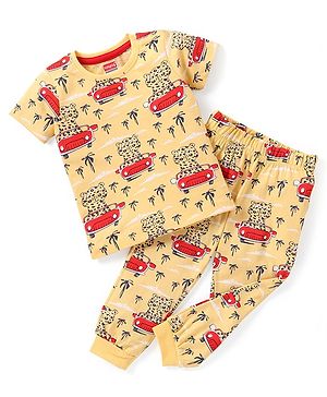 Babyhug Cotton Knit Half Sleeves Car Printed Night Suit - Yellow