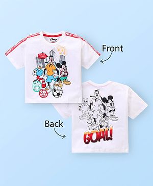 Babyhug Disney  100% Cotton Knit Drop Shoulder Half Sleeves T-Shirt with Front and Back Mickey Mouse Graphics With Tape Detailing- White