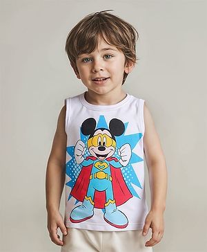 Babyhug Disney 100% Cotton Knit Sleeveless T-Shirt with Mickey Mouse Graphics -White