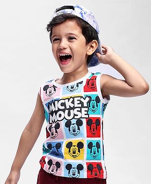 Babyhug Disney Cotton Sleeveless T-Shirt With Mickey Mouse Graphics and Text Print - Multicolor