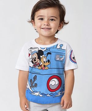 Babyhug Disney Cotton Knit Half Sleeves T-Shirt  with Mickey Mouse Graphics - White