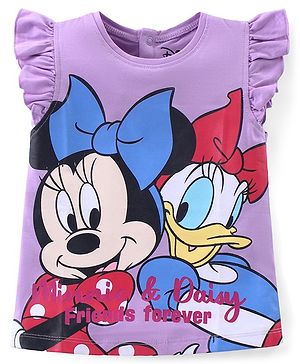 Babyhug Disney  Cotton Knit Frill Sleeves Top With Minnie Mouse & Daisy Duck Print - Purple