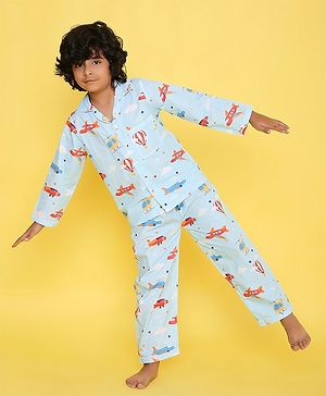 Knitting Doodles Pure Cotton Woven Full Sleeves Aeroplane Printed  Night Suit - Light Blue