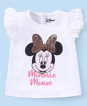 Babyhug Disney Cotton Knit Frill Sleeves Top with Minnie Mouse Graphics & Sequin Detailing - White