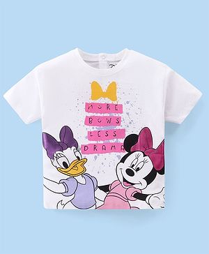 Babyhug Disney Cotton Knit Half Sleeves T-Shirt with Front & Back Minnie Mouse Graphics & Foil detailing - White