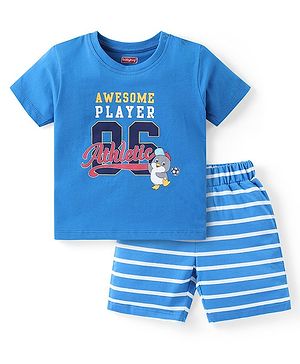 Babyhug Cotton Knit Half Sleeves Night Suit With Text Print - Blue