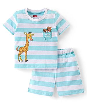 Babyhug Single Jersey Half Sleeves Striped Night Suit Giraffe & Bear Print - Light Blue