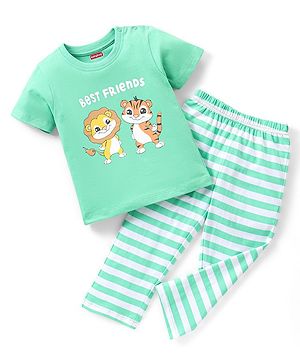 Babyhug Cotton Knit Half Sleeves Lion & Tiger Printed Night Suit - Green