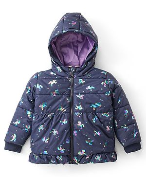 Bonfino Full Sleeves Puffer Jacket with Hood Unicorn Print - Blue