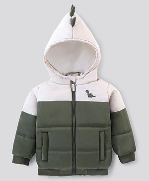 Bonfino Full Sleeve Hooded Puffer Jacket with Dino Print - Green & White