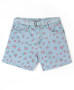 Pine Kids Denim Mid Thigh Shorts with Belt Floral Print - Blue