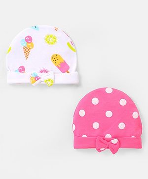 Babyhug 100% Cotton Caps with Bow Applique Ice Cream & Polka Dots Print Pack of 2 - Yellow White & Pink