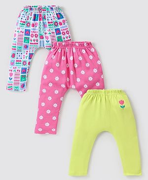 Babyhug Cotton Knit Full Length Diaper Leggings with Floral Print Pack of 3 - Multicolour