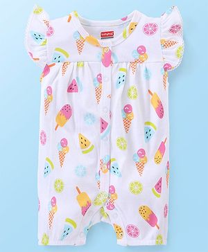 Babyhug 100% Cotton Knit Frill Sleeves Ice Cream Printed Romper - White