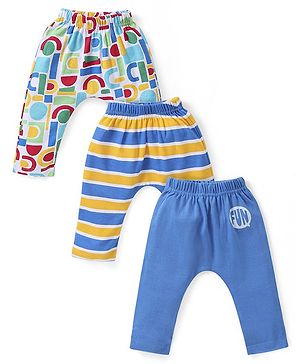Babyhug Interlock Knit Full Length Striped Diaper Leggings With Abstract Print Pack of 3 - Multicolour