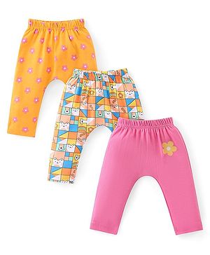 Babyhug Cotton Knit Full Length Diaper Leggings with Checks & Floral Print Pack of 3 - Pink Multicolour & Orange