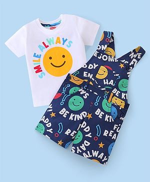 Babyhug 100% Cotton Knit Dungaree and Half Sleeves T-Shirt Set with Text Print - Blue