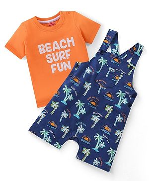 Babyhug Single Jersey Knit Beach Theme Printed Dungaree with Half Sleeves T-Shirt - Orange & Blue