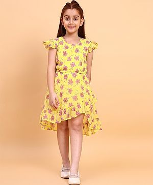 Little Marine Cap  Sleeves Floral  Printed & Frill Hem Detailed Fit & Flare Overlapped Dress - Yellow