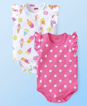 Babyhug 100% Cotton Knit Frill Sleeves Polka Dots & Ice Cream Printed Onesies Pack of 2 - White & Pink