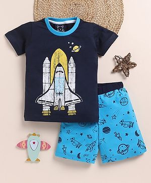 Little Marine Half Sleeves Rocket   Printed Cotton Tee &  Shorts - Navy Blue