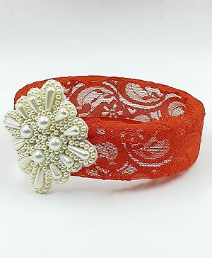 CHOKO Lace Pearl Embellished & Floral Applique Detailed Headband - Red & Off White