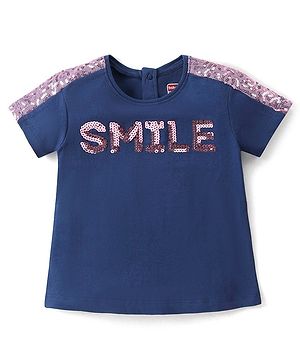 Babyhug Cotton Knit Half Sleeves T-Shirt with Text Graphics & Sequins Detailing - Navy Blue