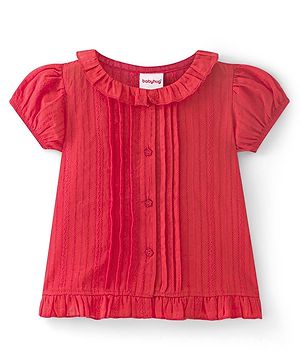 Babyhug Cotton Woven Half Sleeves Front Open Top with Frills Detaililng - Red
