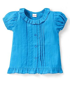 Babyhug Cotton Woven Half Sleeves Pleated Top with Frills Detailing - Blue