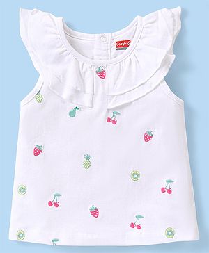 Babyhug Cotton Knit Sleeveless Top with Frills & Fruit Graphics -White